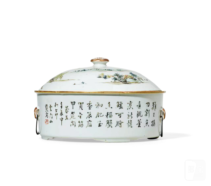 民国 浅绛彩山水人物图诗文暖锅 - 图2